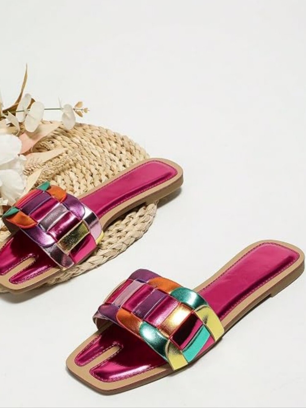 Multi-color Faux Leather Metallic Slide Sandals Size 43 Colorful Boho